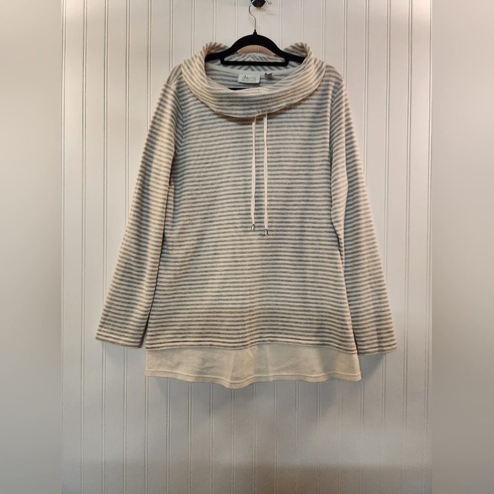 D&Co Active Women's Grey Stripe Cowl Neck Knit Henley Top Size‎ L Stretchy Cozy